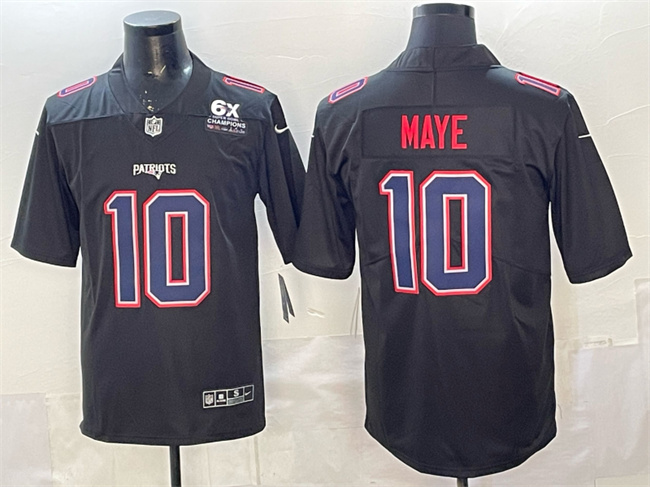 Men's New England Patriots #10 Drake Maye Black Fashion With 6x Super Bowl Champions Patch Vapor Untouchable Limited Stitched Football Jersey Men's New England Patriots #10 Drake Maye Black Fashion With 6x Super Bowl Champions Patch Vapor Untouchable Limited Stitched Football Jersey